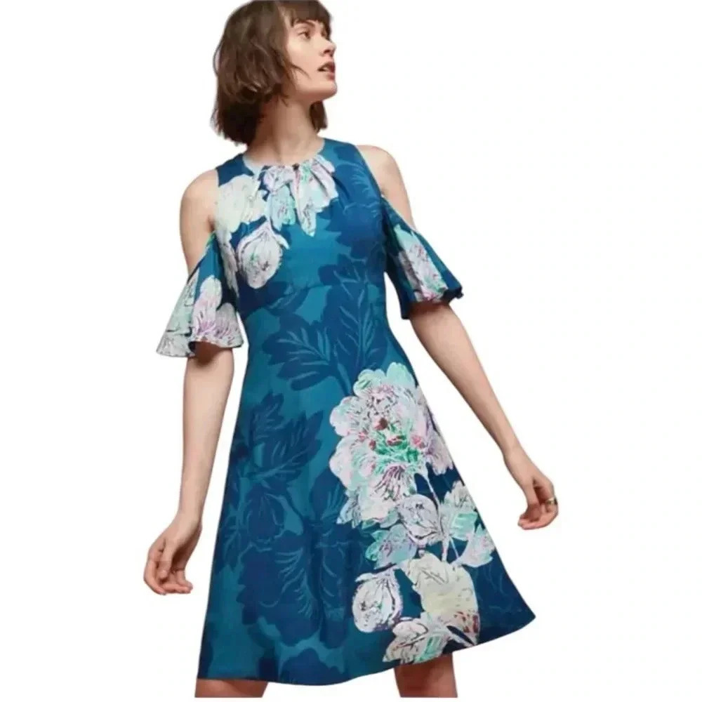 ANTHROPOLOGIE MAEVE | Elia Floral Open - Shoulder Dark Turquoise Dress Size 8